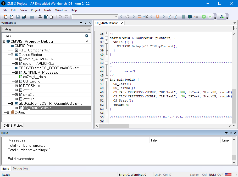 embOS CMSIS-Pack project compiled in IAR Embedded Workbench