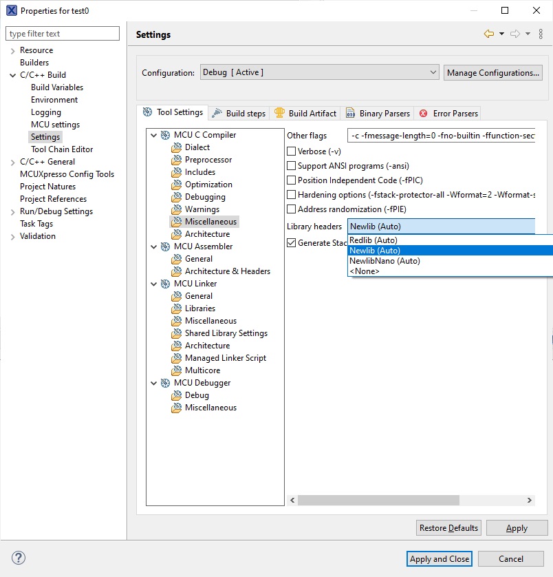 Selecting newlib in Eclipse-based IDEs