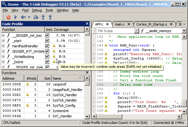 When the instruction cache misses data for a particular code address range, Ozone will display a warning symbol next to all affected GUI elements.