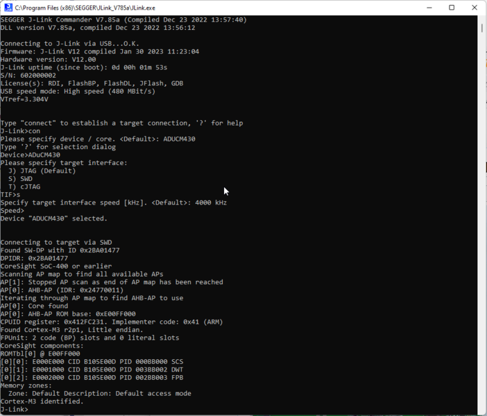 File:AnalogDevices EV-ADuCM430ARDZ JLinkCommander Connect.PNG