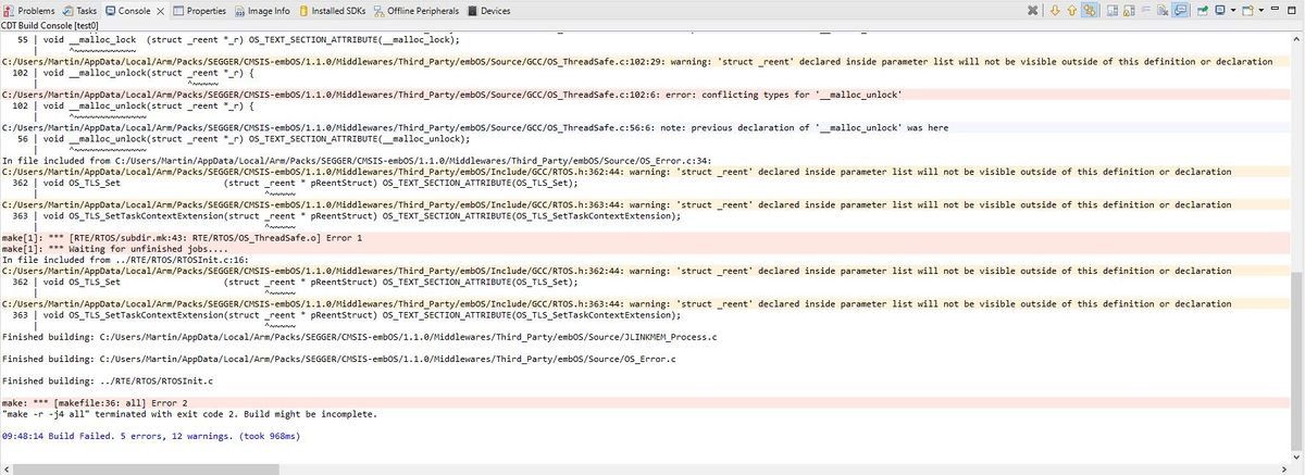 Compiler errors when using embOS and redlib in GCC-based projects