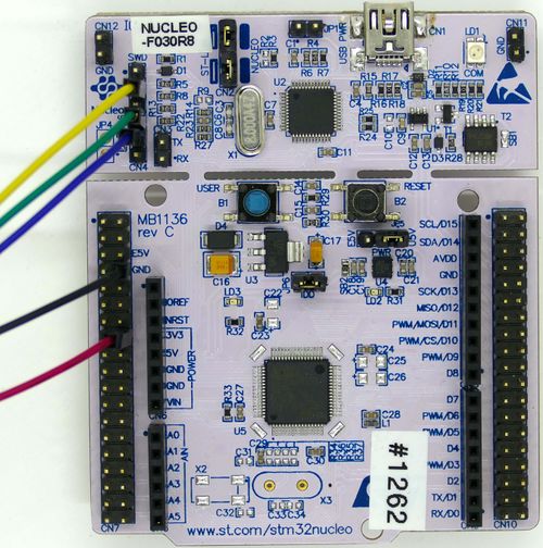 ST NUCLEO-F030R8 wired with jumper cables