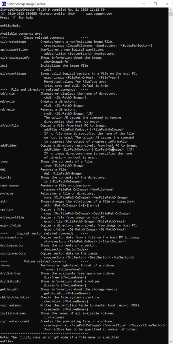 Screenshot of the help information of the Storage Image Creator.