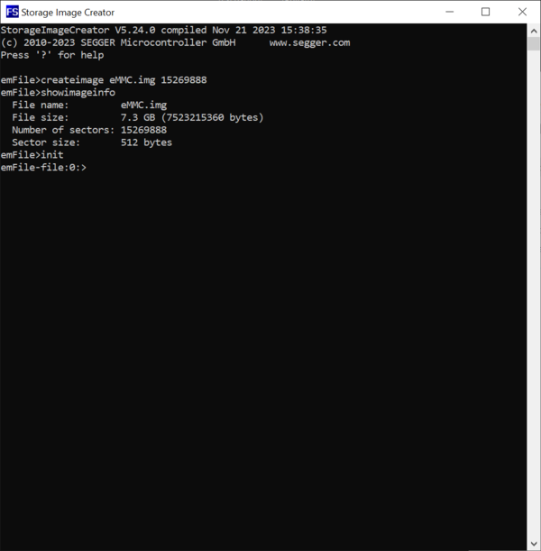 Screenshot of the Init command that initializes the image.